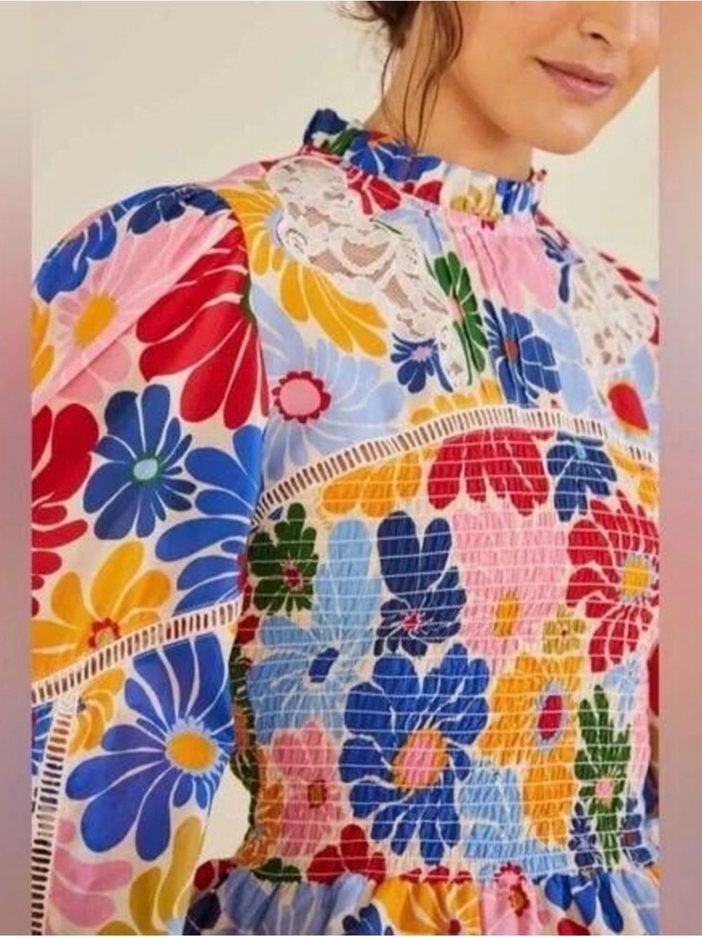 FARM Rio Multicolor Floral Smocked High-Neck Blouse
